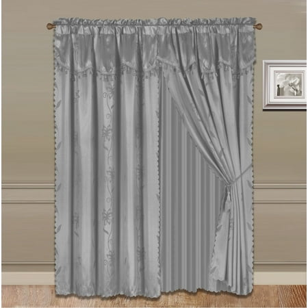 Silk Drape NADA SILVER GRAY COMPLETE WINDOW CURTAIN SET 2 panels faux silk LEAF FLORAL 2 PANEL solid SHEER 2 attached VALANCE 2 TASSEL THICK HEAVY WINDOW CURTAIN drape 84