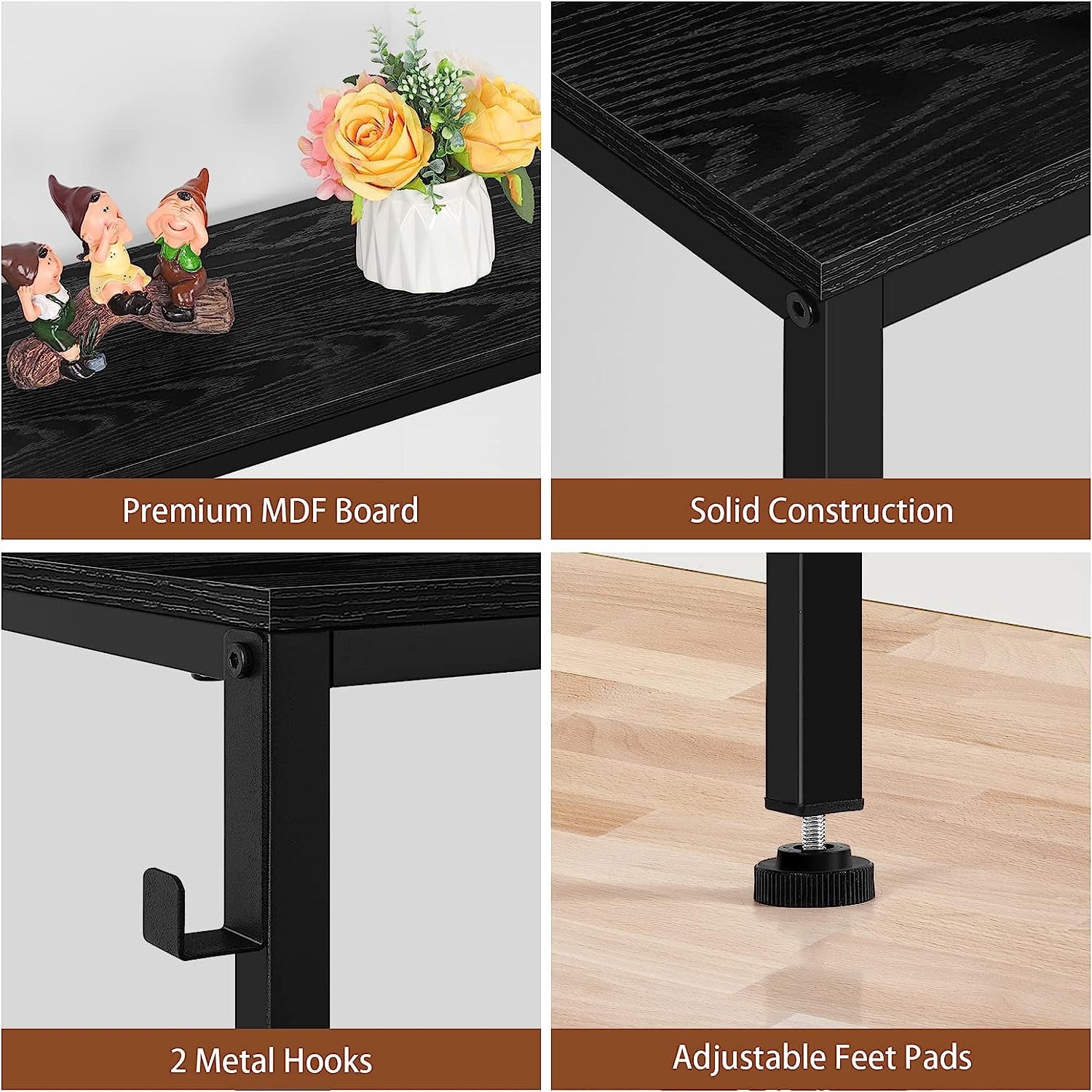 Long Narrow Console Table with Charging Station, Black