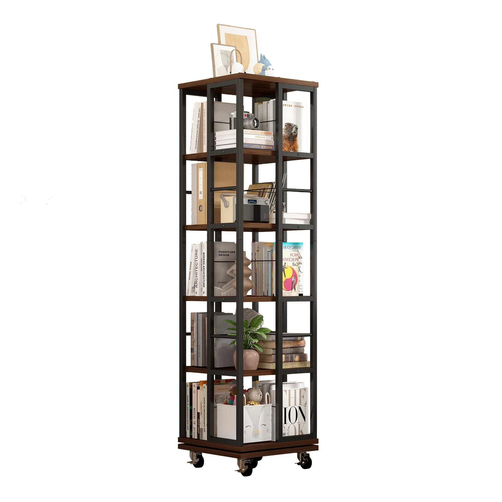 Display Shelves 5 Tiers Rotating Bookshelf, Corner Bookcase, 360 Display Wood Spinning Bookshelves, Floor Standing Bookcase Narrow Shelf, Rustic Brown,Wooden Display Shelves
