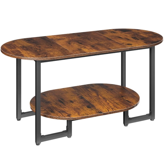Compact Oval Farmhouse Coffee Table, Rustic Brown Wooden Desktop with 2‑Tier Open Storage Shelf, Industrial‑Style Cocktail Center Table for Living Room and Home Office