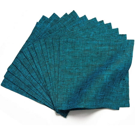 

Linen Cocktail Napkins - 6 x 6 Inch Set of 12 Chambray Teal Athena - Natural Fabric Machine Washable - Handcrafted 100