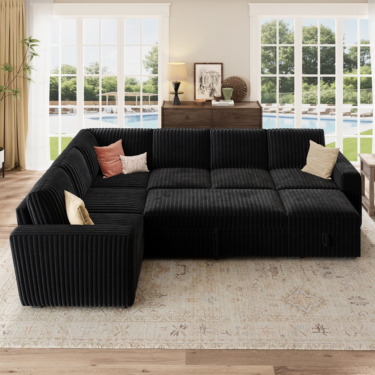Marrber 106” Oversized Modern Plush Corduroy U-Shaped Modular 7-Seater Pull-Out Sectional Sleeper Sofa Bed with Hidden Storage for Living Room and Apartment, Pet-Friendly Fabric, Easy Assembly, Black