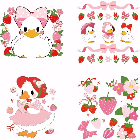 4 PCS Cartoon Duck Iron on Transfer Paper Strawberry Heat Transfer Sticker Cute Animal Pink Berry Iron-on Decals DTF Transfers Ready to Press