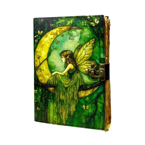 Handmade Leather Journal with Fairy Artwork – 5x7 Inch Vintage Notebook with 200 Deckle Paper Pages, Locking Clasp, Handmade Gift Diary for Writing, Sketching & Collecting