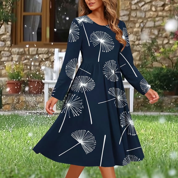 Maqroz Long Dresses for Women Summer Casual Crewneck Pleated A-Line Flowy Hem Fashion Print Midi Dresses Beach Vacation Sundresses with Pockets Navy S