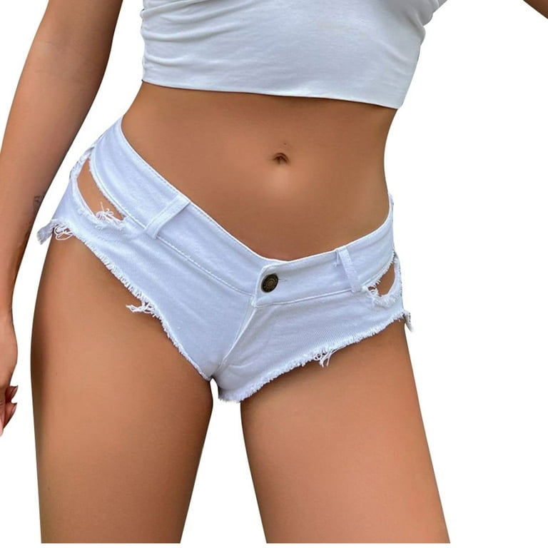 JWZUY Women's Sexy Low Rise Mini Denim Shorts Ripped Jeans Hot Pants White S