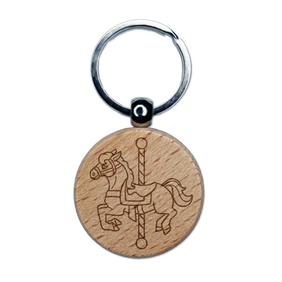 Carousel Horse Carnival Amusement Park Round Keychain Charm Tag - Engraved Wood