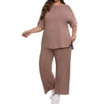 thumbnail image 2 of Women Plus Size Solid 2 Pieces Sets Short Sleeve Casual Tops and Wide Leg Pants Tracksuit, 2 of 6