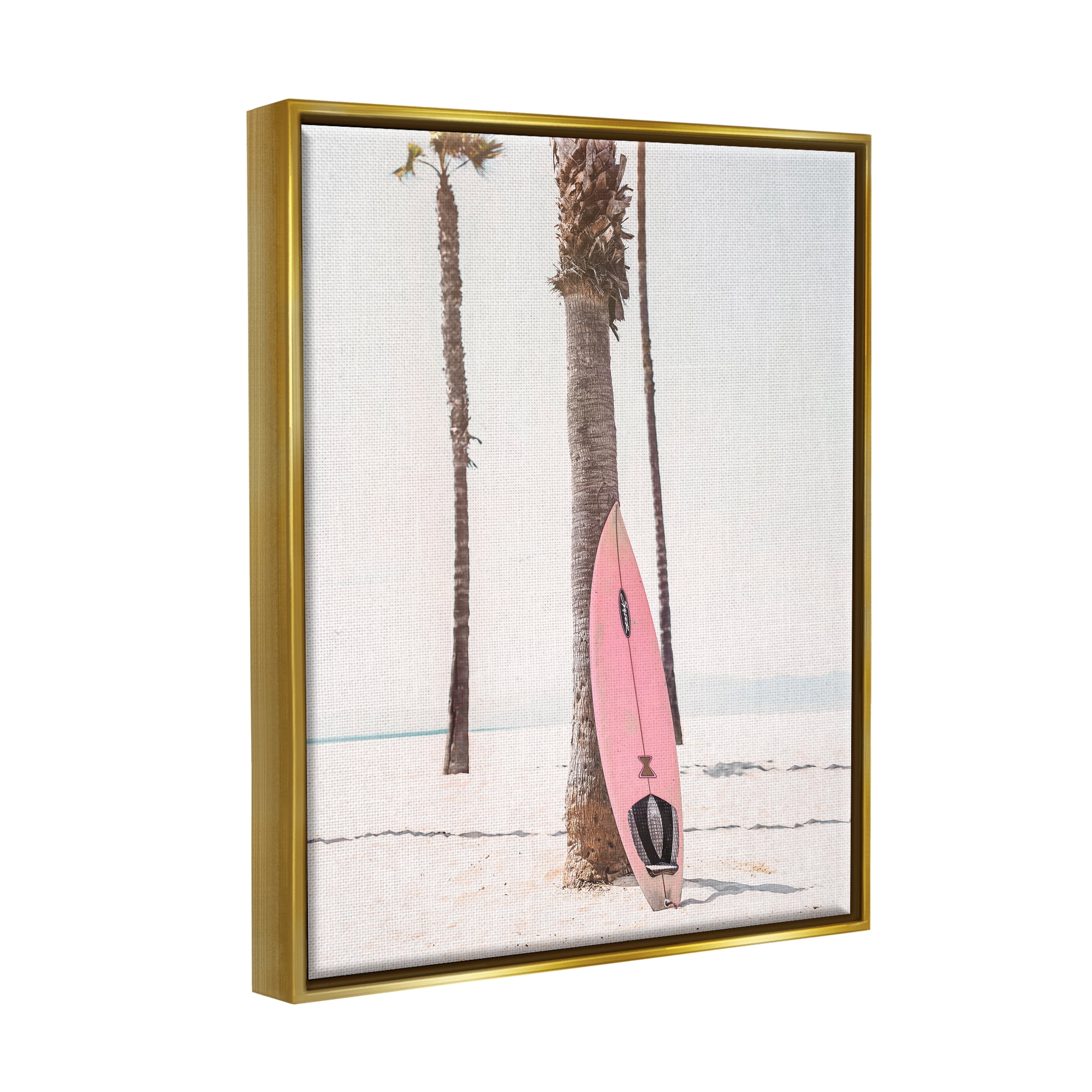 Stupell Industries Pink Surfboard on Coast Nature Photography Gold Floater Framed Art Print Wall Art, 25 x 31