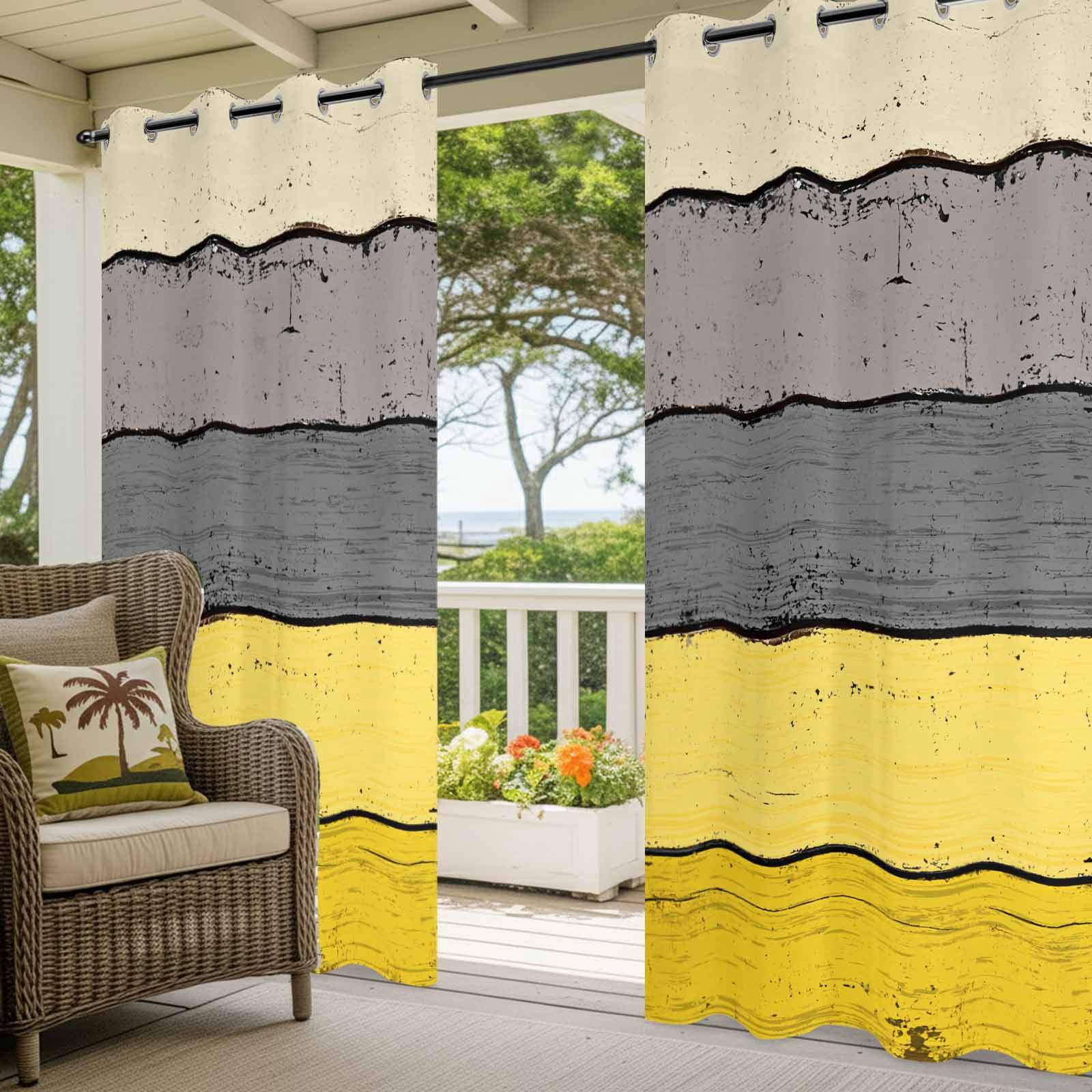 Outdoor Curtains for Patio Waterproof, Yellow Grey Windproof Pravicy Outside Porch Blackout Curtain, Vintage Stripe Farmhouse Wood Grain Ombre Sun Blocking Curtains for Cabana 2 Panels 54"x95"