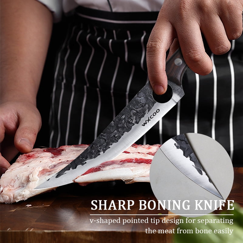 Hand Forged Boning Knife with Brown Wood Handle, High Carbon Steel Butcher Knife with Leather Sheath, Ultra Sharp Full Tang Meat Cleaver for Kitchen & Outdoor Use
