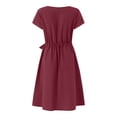 thumbnail image 4 of Ayolanni Dresses for Women Solid Crew Neck Elastic Waist Short Sleeve Midi A-Line Dress Swing Daily Modest Casual Cotton Linen Sundress with Pockets Red XXL, 4 of 8