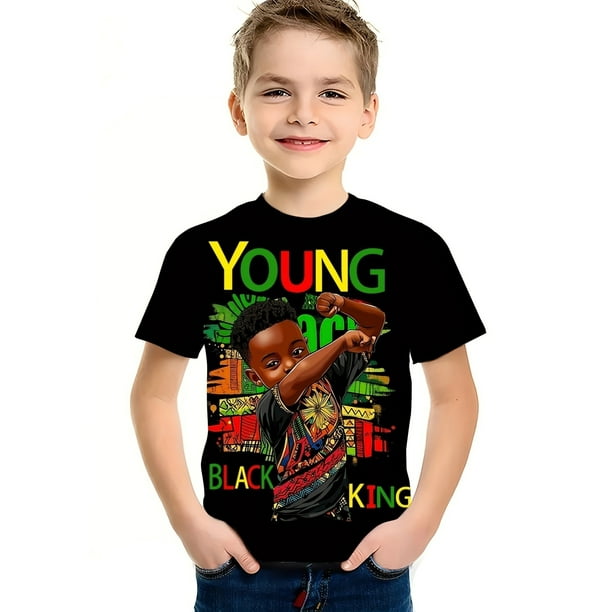 Boys' 3D Printed Crew Neck T-Shirt, Black Kings Pride African History Month Tee, Casual Summer Top, Regular Fit, Knit Fabric, Cotton 100% , Slight Stretch for Daily Wear