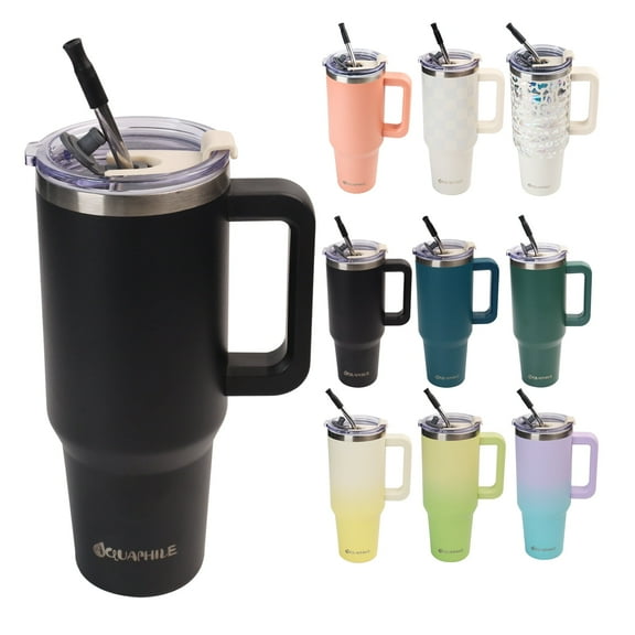 AQUAPHILE Insulated Tumbler with Leak-proof Lid and Straw, 40 oz Insulated Stainless Steel Coffee Mug with Handle, Travel Coffee Mug，Black