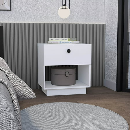 Nightstand with One Storage Drawer and Open Shelf White Finish Particle Board Bedside Table for Bedroom 17.3 W x 10 H Shelf Space Versatile Modern End Table for Home Decor