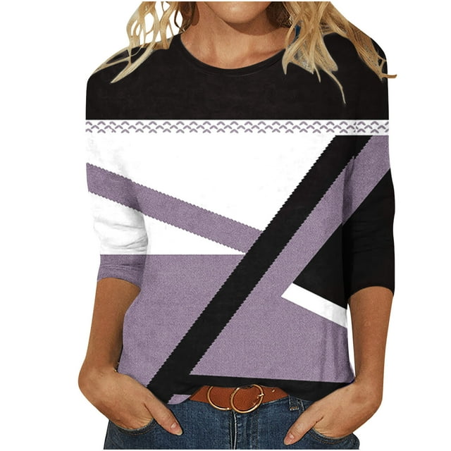 FAIWAD Womens 3/4 Sleeve Tops Round Neck Spring Trendy Tunic Tops Color Block Loose Pullover Tops