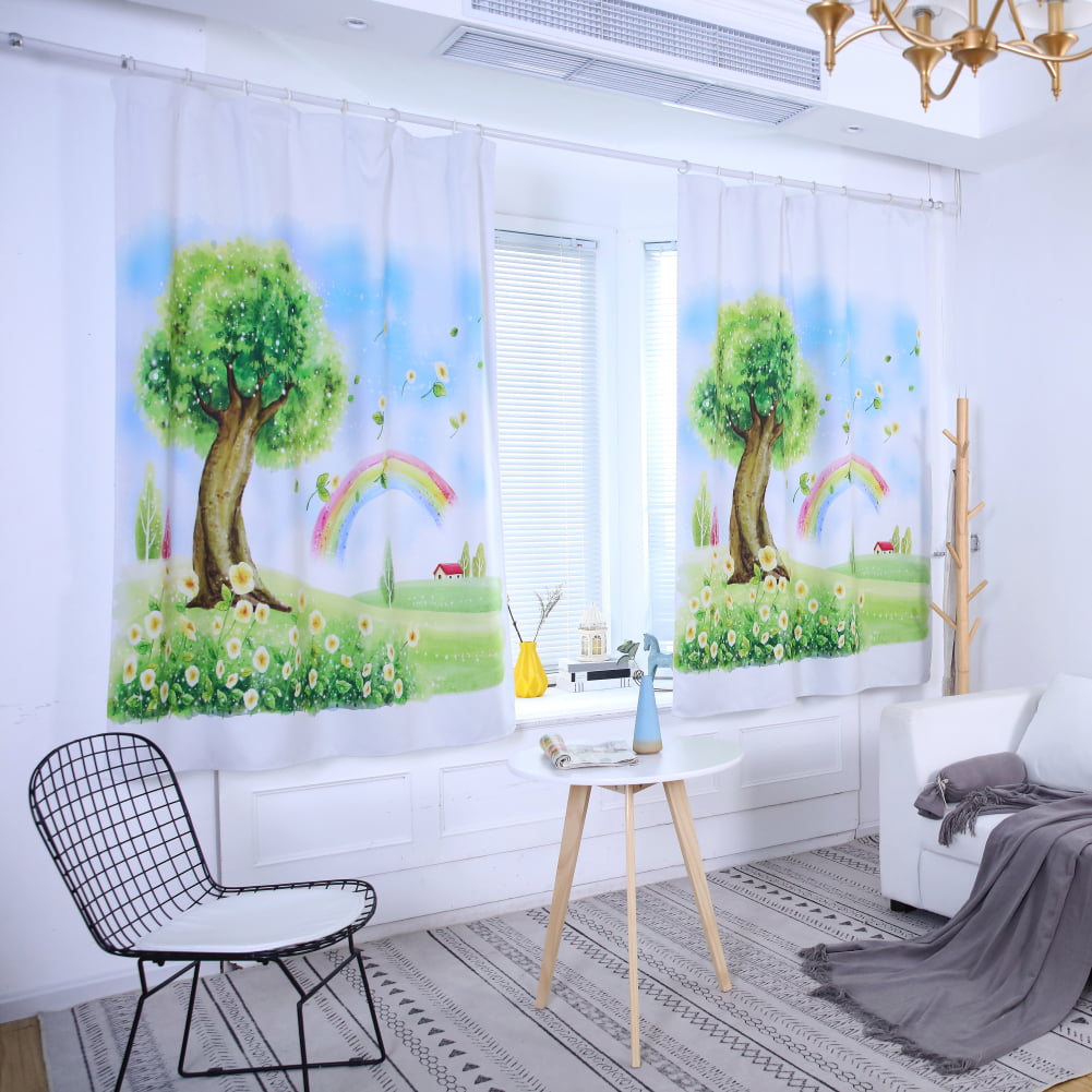 JQ_ KQ_ Fairy World Tree Rainbow Hook Style Window Curtain Kids Bedroom Nurser 