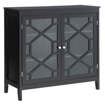 Maklaine Large Wood Cabinet with 2 Glass Paneled Doors and 3 Shelves in Black