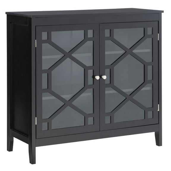 Maklaine Large Wood Cabinet with 2 Glass Paneled Doors and 3 Shelves in Black