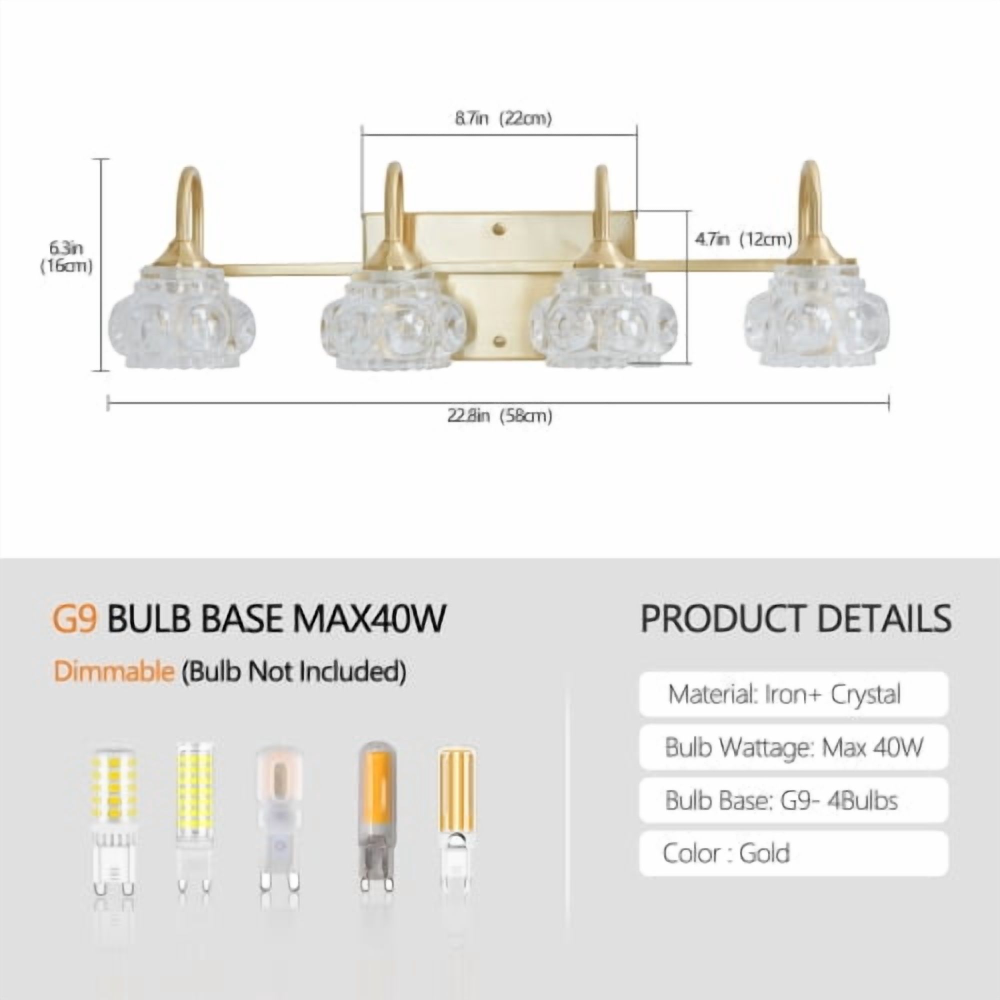 ACE-LIGHTS,Retro 4-Light Bathroom Vanity Light Fixture with Crystal Glass Shades(Bulbs Not Included),Wall Mounted Lighting for Bathroom,Dressing Room,Powder Room and Vanity Mirror(Golden）
