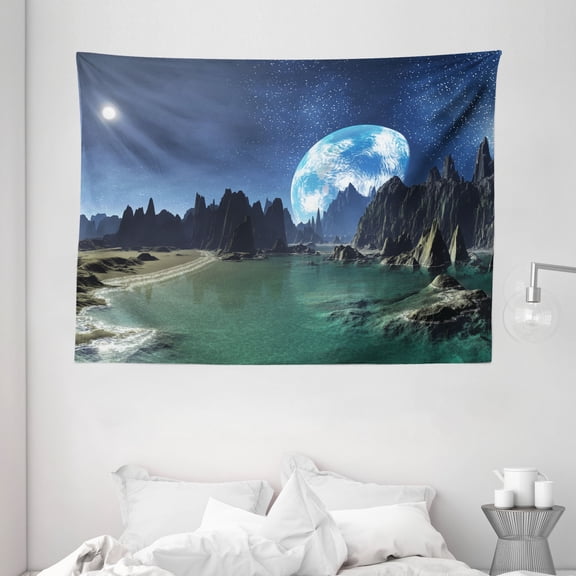 Fantasy Tapestry, Tranquil Futuristic View of Earth Rising From Alien Shores Sci Fi Theme, Wall Hanging for Bedroom Living Room Dorm Decor, 80W X 60L Inches, Dark Blue Jade Green, by Ambesonne