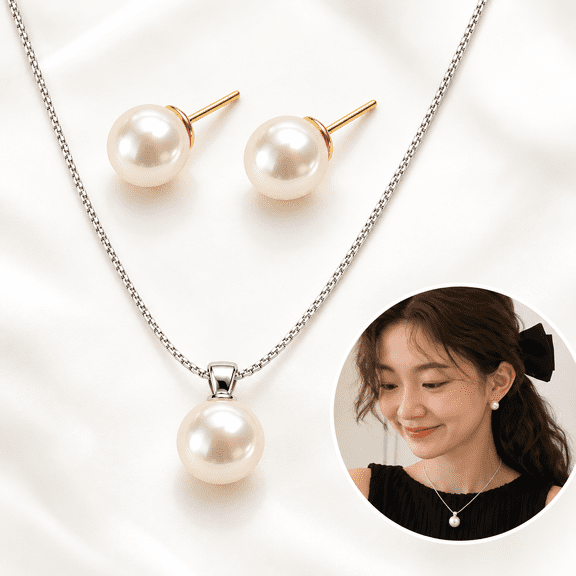 2-Piece Faux Pearl Jewelry Set for Women – Silver-Tone Necklace & Stud Earrings, Classic Elegant Fashion Jewelry Gift for Mom Wife Her