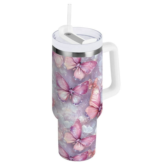 Ryvnso 40 oz Tumbler with Handle and Straw Butterflies Pink Insulated Stainless Steel Travel Mug with Lid