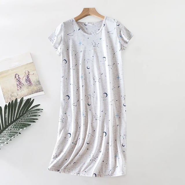 Pyjamas en Coton pour Femmes, Chemise de Nuit Grande Taille Vêtements Tricotés Doux Manches Courtes Col Rond, Blanc P-TG