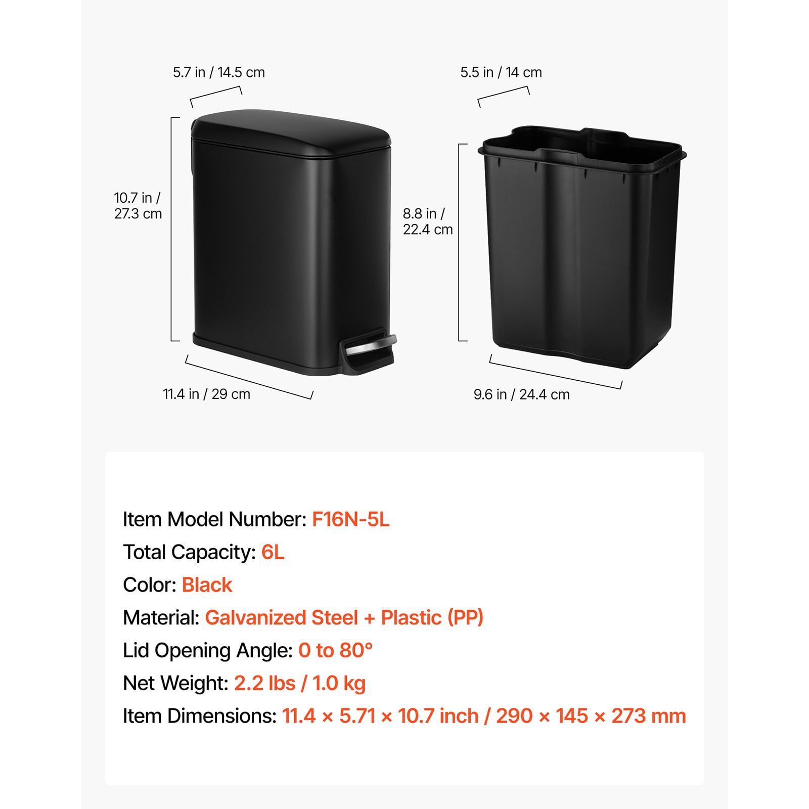 Bathroom Trash Can 6L Slim Design Silent Lid Foot Pedal Detachable Inner Bin Odor-Resistant for Bathroom Kitchen Office