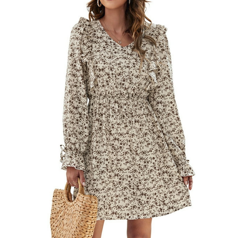 Lu s Chic Women s Long Sleeve V Neck Dress Ruffle Casual Mini Swing Flowy Floral Print Dresses Cocktail Party Flounce Falbala Elastic Waist High Waisted Drawstring Nude Small Walmart