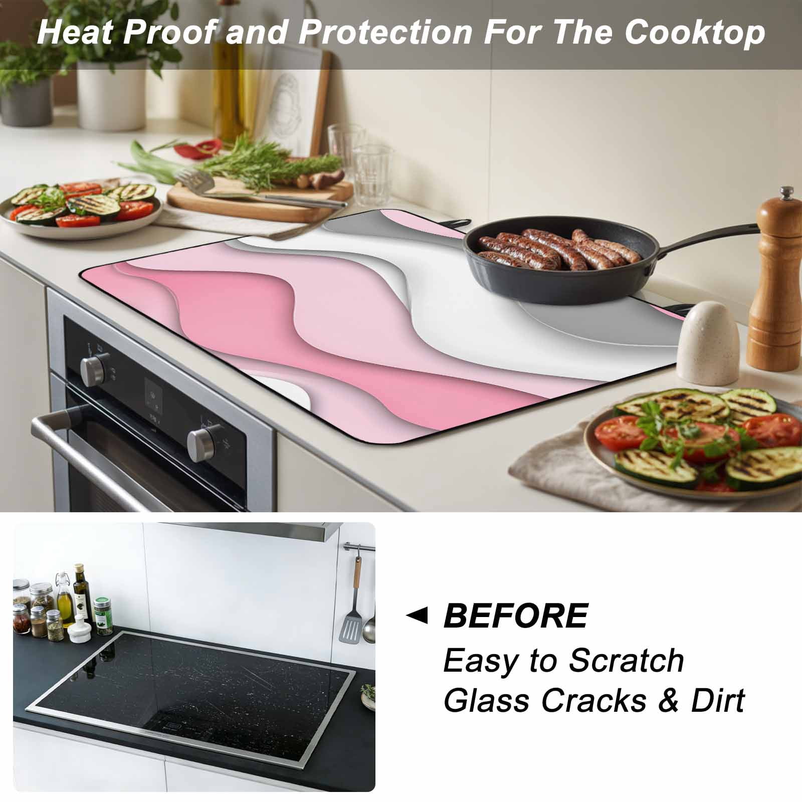 Pink Gray Ombre Stove Top Cover for Electric Stove, Heat-proof & Non Slip Glass Top Stove Cover Protector, Geometric Modern Abstract Moire Art Kitchen Flat Cooktop Rubber Mat 24x21 Inches