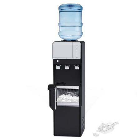 SOOPYK 3 in 1 Water Cooler Dispenser with Ice Maker, Hot Cold Room Temp Water and Bullet Ice, Top Loading 3 - 5 Gallon, 27 Lbs per 24H , Night Light, Black