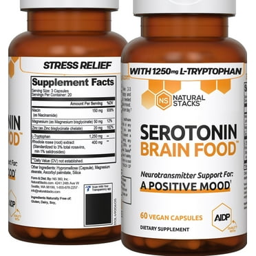 NATURAL STACKS Serotonin Brain Food w/ L-Tryptophan & Rhodiola Rosea - Mood Support Supplement - Promotes Positive Mood, Calmness, Stress Relief - Happy Mood & Brain Support Supplement - 60 Capsules