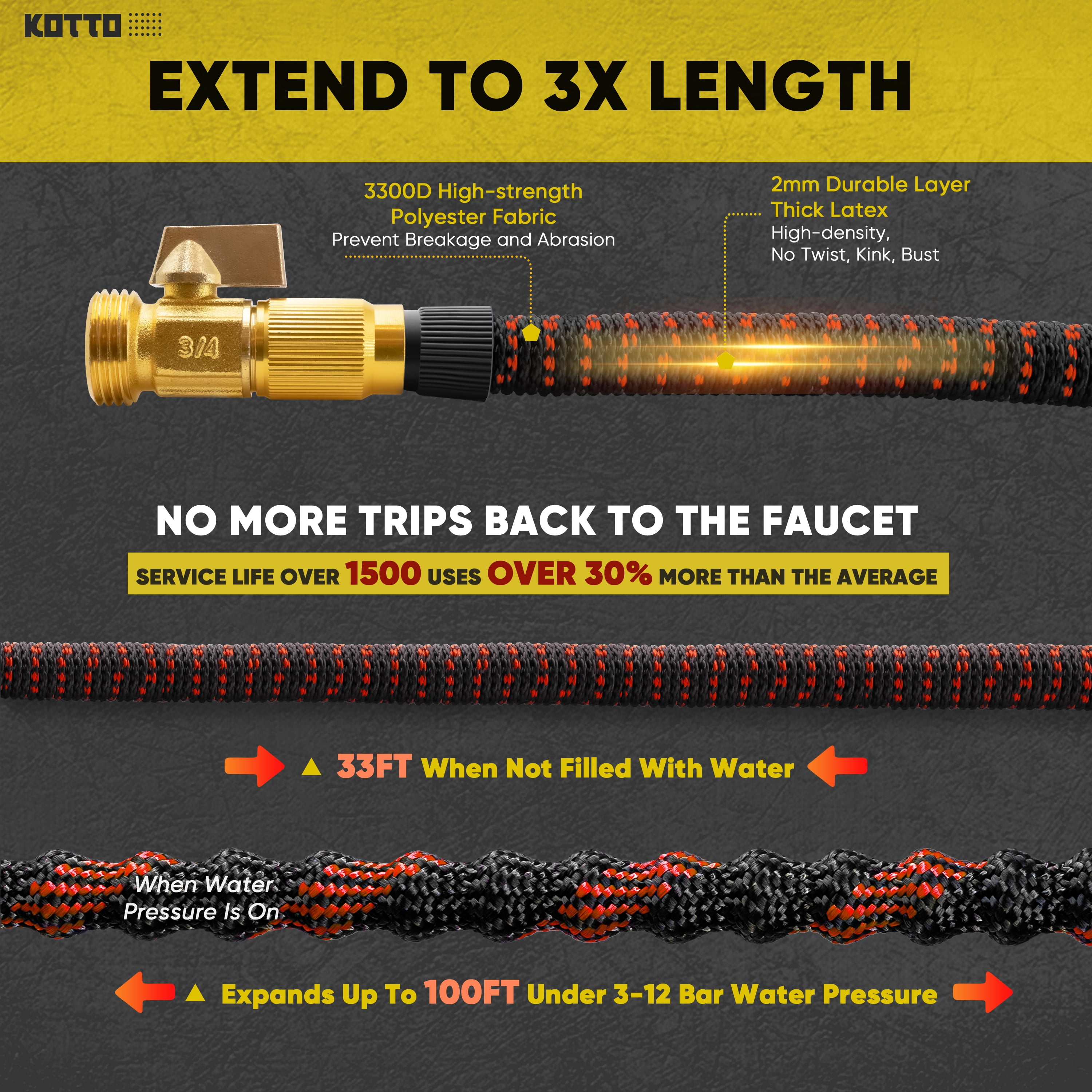 Kotto 50 ft Flexible Garden Hose, Water Hose for Outside with 10 Spray Nozzles, Brass Connector, Leak-Proof, Red