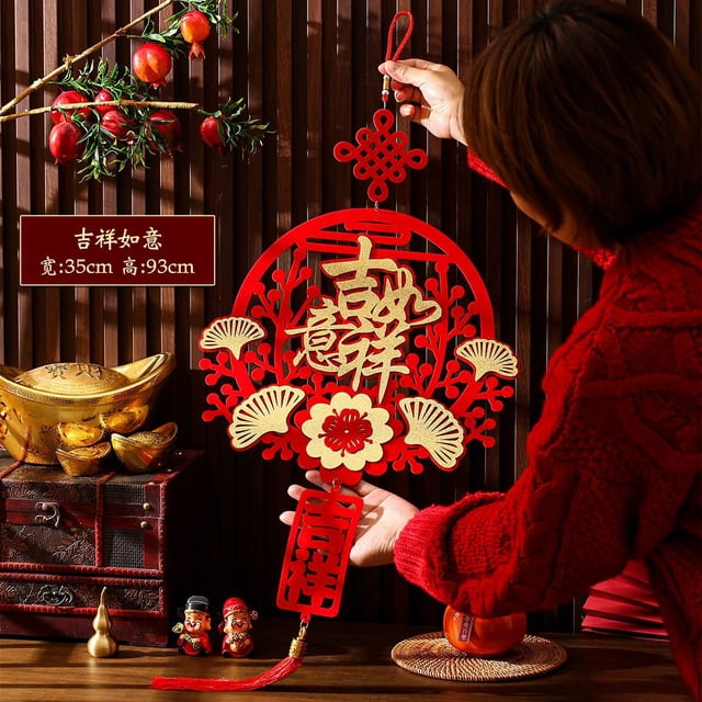 Tignapoo Festive Red Flocking Lucky Blessing Wreath - Lunar New Year Spring Festival Hanging Decor Indoor Ornament - Prosperity Symbol Home Decoration
