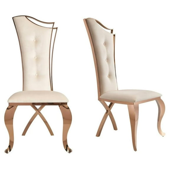 Pemberly Row 19" Velvet & Steel Dining Chair in Beige/Rose Gold (Set of 2)
