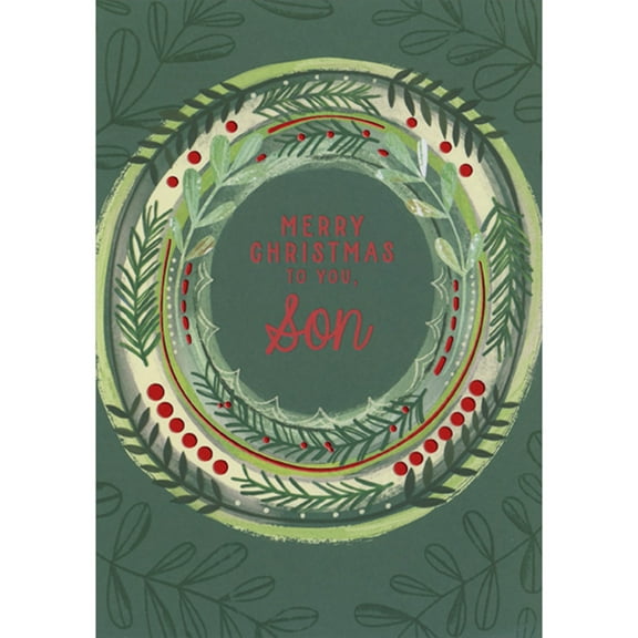Designer Greetings Abstract Circular Wreath and Branches on Dark Green Christmas Card for Son