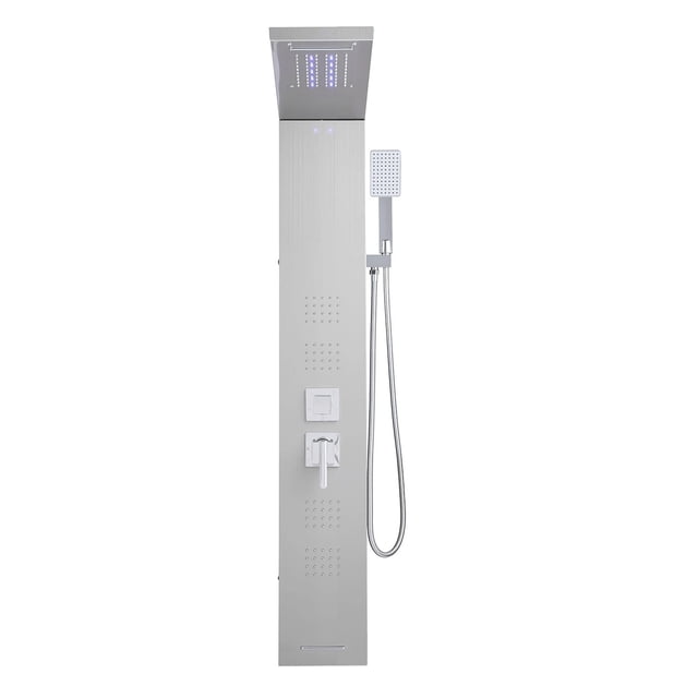 KFFKFF Shower Panel Tower System with Rainfall Waterfall Shower Head, LED, 53 in Brushed Stainless Steel Shower Column, 5-Function Faucet, Wall-Mount Rain Massage System