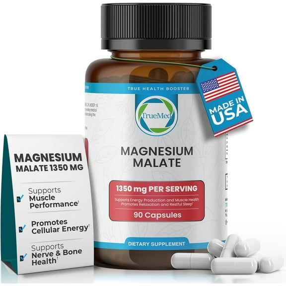 TrueMed Magnesium Malate Supplement 1350 mg, 90 Capsules, Supports Muscle Function, Energy Metabolism & Daily Wellness