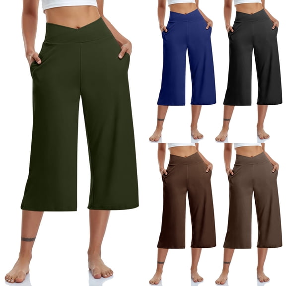 Ashirexll Womens Summer Pants, High Waisted Pants for Women, Color High Waist Pocket Sports Yoga Wide Leg Capri Pants
