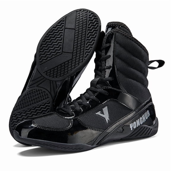 Men'S High-Top Boxing & Wrestling Training Shoes - Slip-Resistant Rubber Sole, Breathable Full-Grain Faux Leather-like Upper, Adjustable Ankle Support, Round Toe Design for Combat Sports, Gym