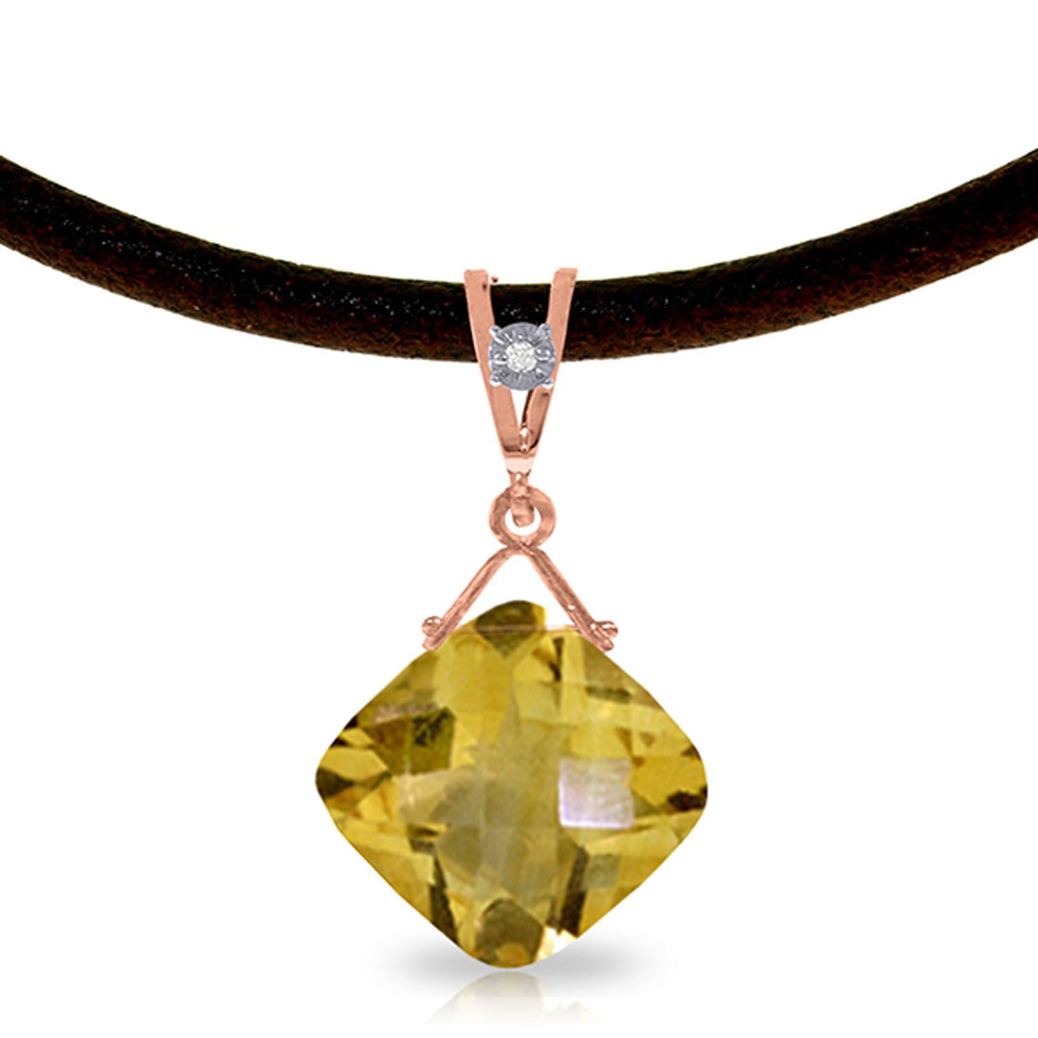 ALARRI 14K Solid Rose Gold & Leather Necklace w/ Natural Citrine with 20 Inch Chain Length