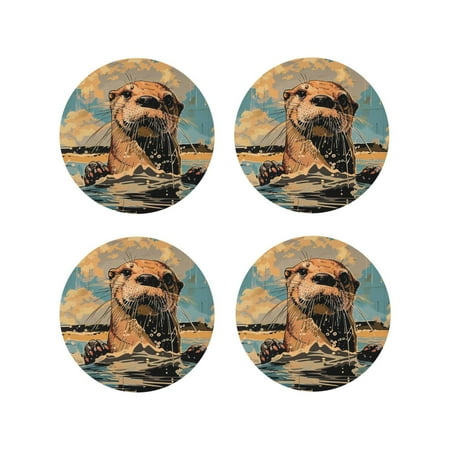 

Tideii Playful Otter Tropical Beach for Leather Coasters 4 Pieces Anti-fouling and Anti-scalding Decorative Coasters Suitable for Restaurants Kitchens Coffee Shops-Round Shape