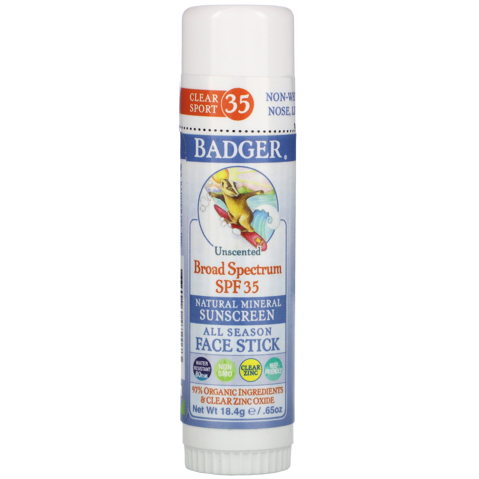 Badger Company, Natural Mineral Sunscreen Face Stick, SPF 35, Unscented, .65 oz (18.4 g) (1 Pack