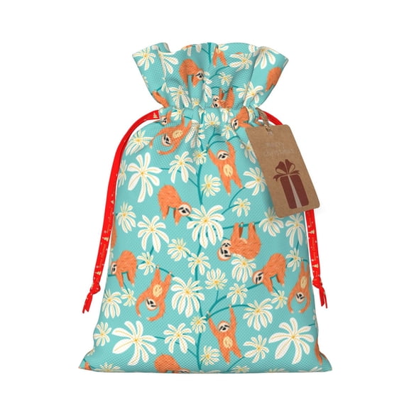 Fuzoiu Cute Sloth on Floral Tree Print Christmas Gift Bag,Burlap Gift Bag with Drawstring Closure & Hang Tag,Perfect for Holidays, Birthdays, and Special Occasions-Small