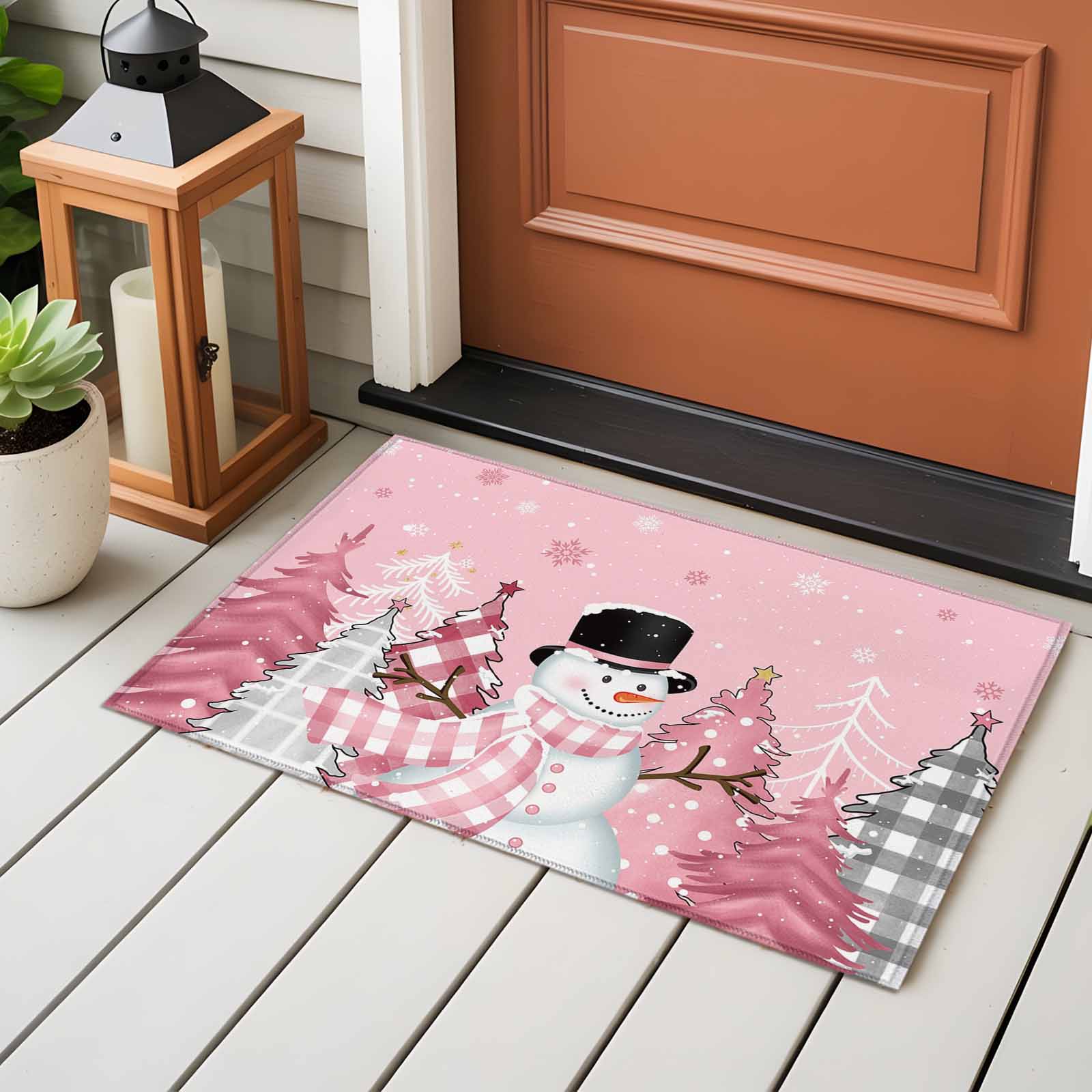 Pink Snowman Christmas Bathroom Mat 2x3 FT, Non Slip Small Kitchen Mat, Winter Snowflake Xmas Tree Pink Grey Plaid Washable Soft Backed Front Door Throw Rug Indoor Outdoor Doormat for Entryway Sink