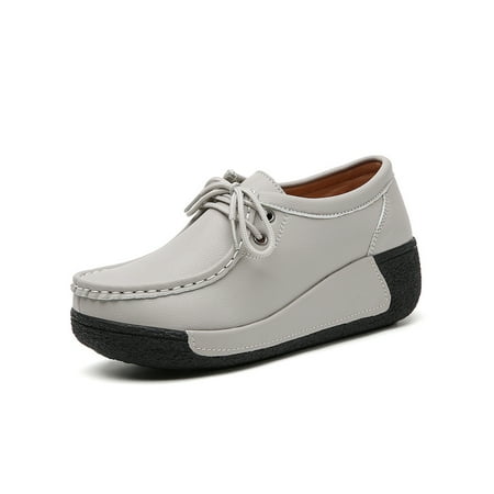 

Ritualay Women Non Slip Leather Shoe Comfort Casual Boat Shoes Driving Walking Lace Up Flats Gray 6.5