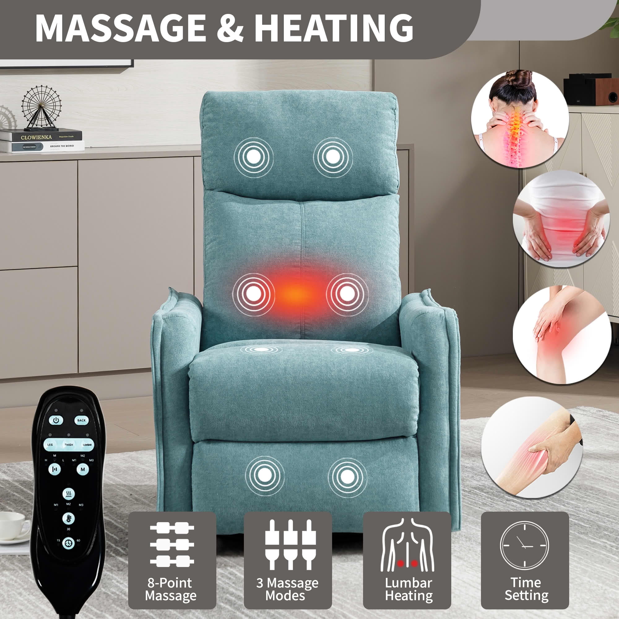 MAYEERTY Antique Blue Green Heat Massage Recliner Chair, 360° Swivel Rocker 27"x36"x40" for Living Room