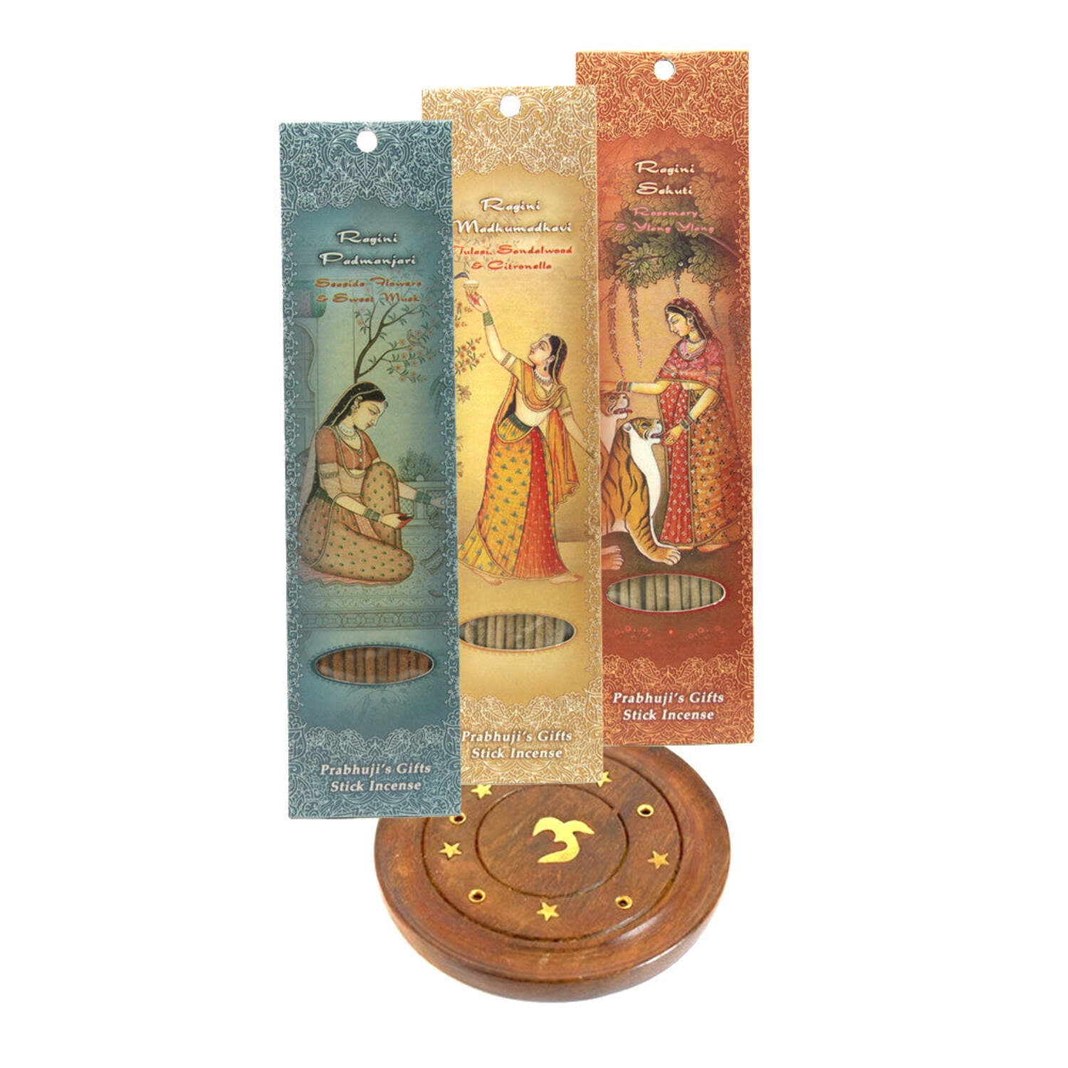Incense Gift Set - Wood Round Burner + 3 Harmony Incense Sticks  Holiday Greeting (Madhumadhavi, Sehuti, Padmanjari)