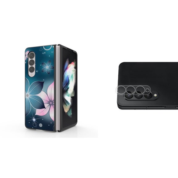 Accessory Bundle for Galaxy Z Fold 4: Slim Snap-On Case (Midnight Flowers), Rear Camera Glass Protector